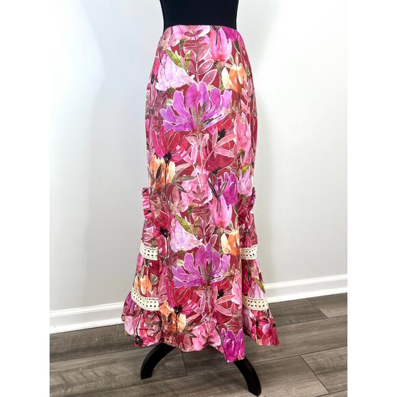 Isla & White Berta Summer Floral Caribbean Midi Skirt in Pink Multi Medium Lined - Picture 3 of 4